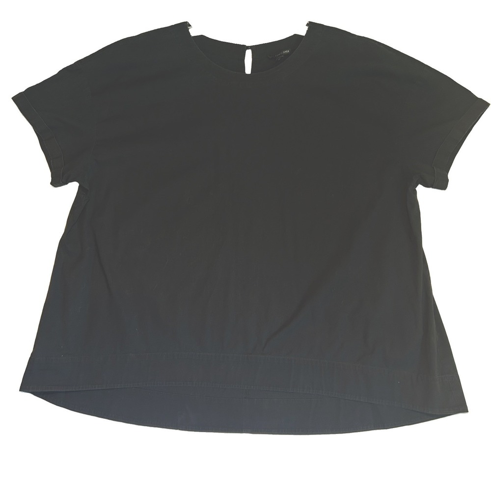 Eileen Fisher XL Top Black Cotton Spandex  Boxy Cuffed Short Sleeve High Low EUC